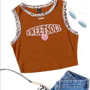Heart and Letter Graphic Rib Knit Contrast Leopard Binding Tank Top